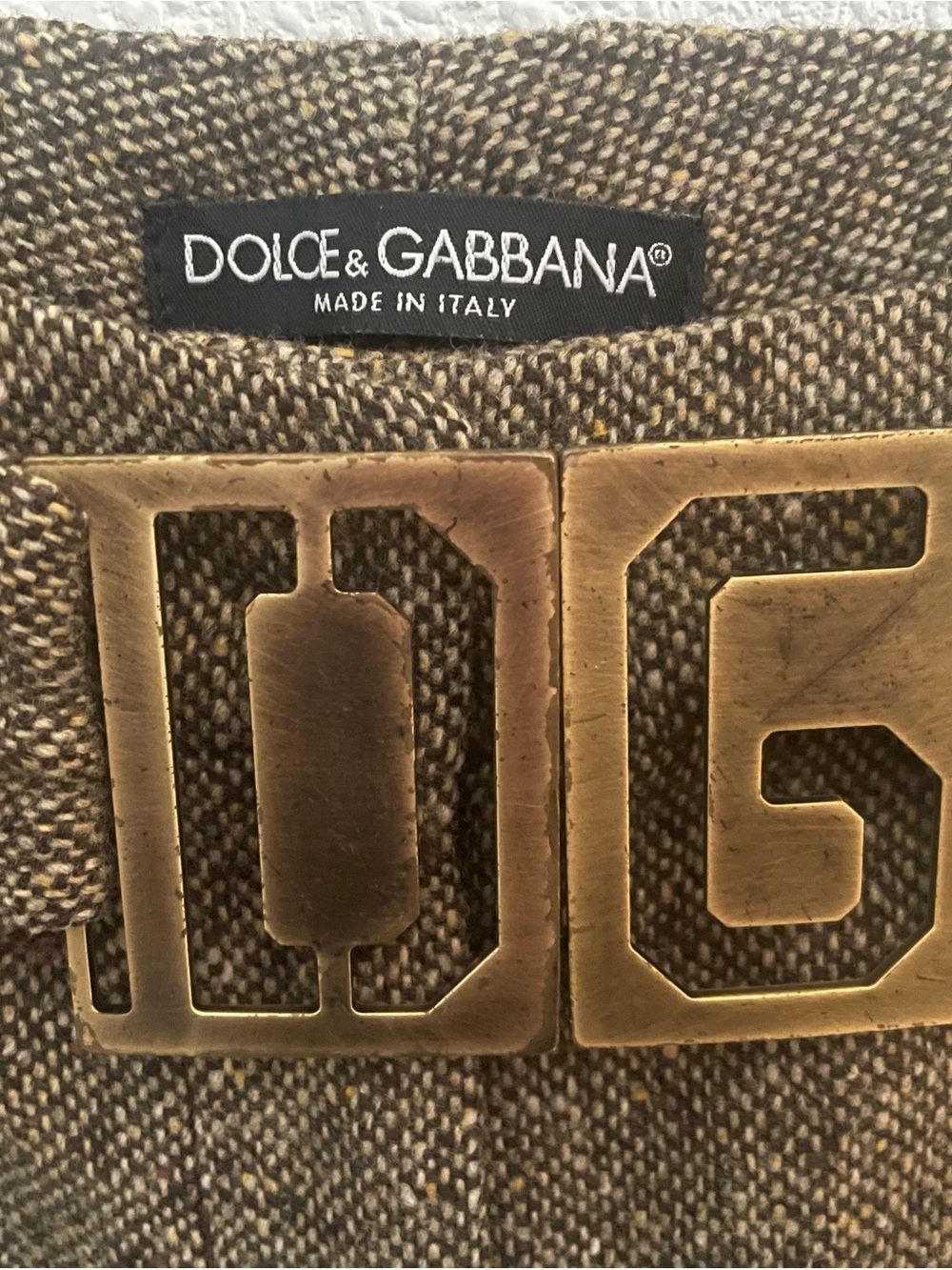 Dolce & Gabbana Brown Tweed Pants with Belt (Brass DG Hardware)